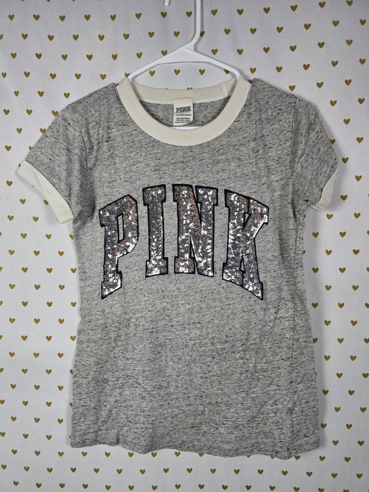 Victorias Secret PINK Grey Bling Sequin Ringer Tee shirt XS