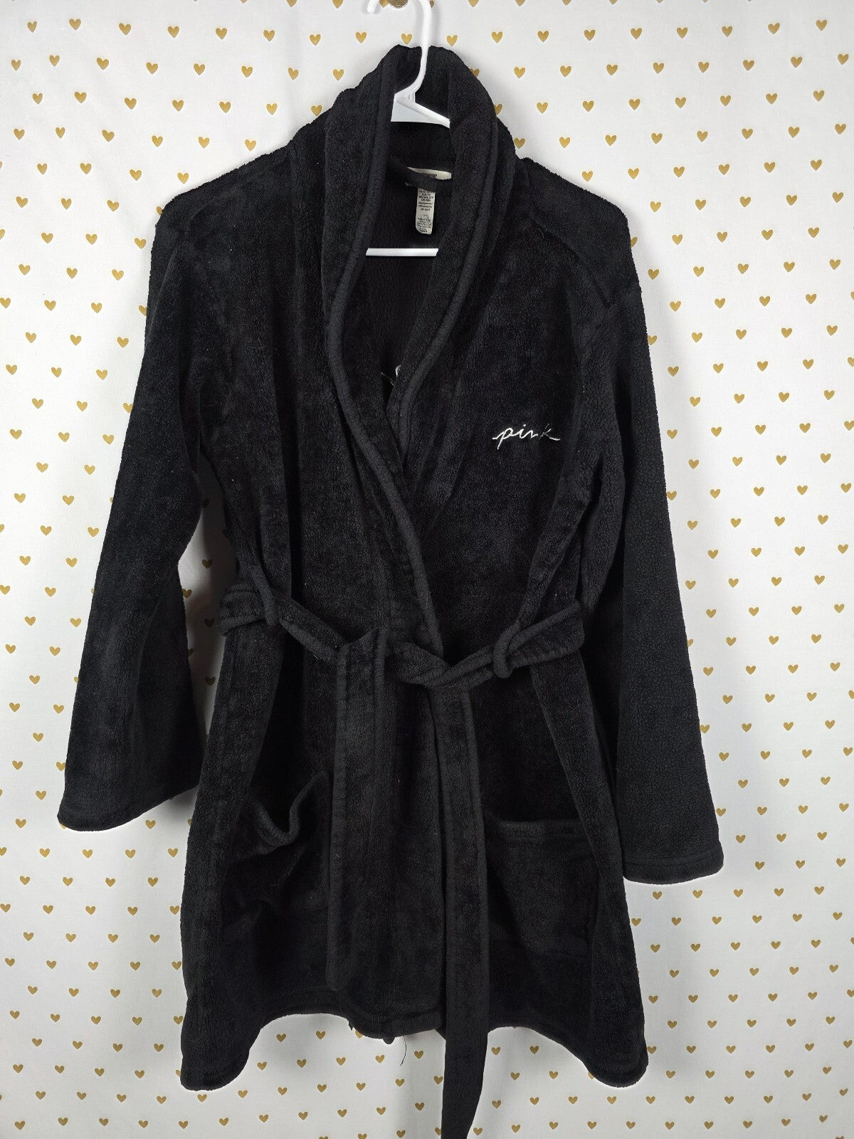 Victorias Secret PINK Fluffy Black Logo Bath Robe Lounge Warm XS SMALL