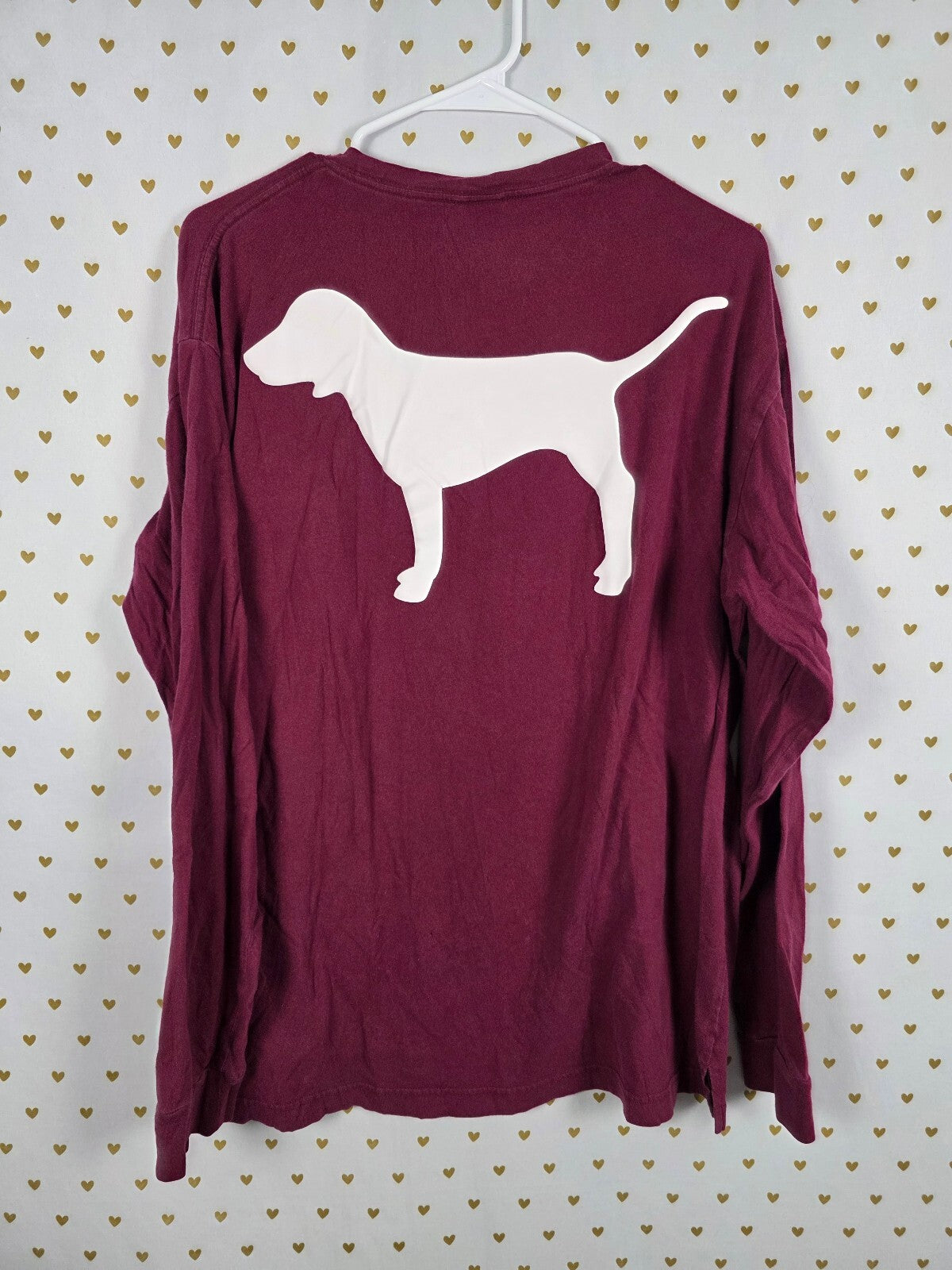Victorias Secret PINK Maroon Dog Logo Pocket Tee shirt Long Sleeve LARGE