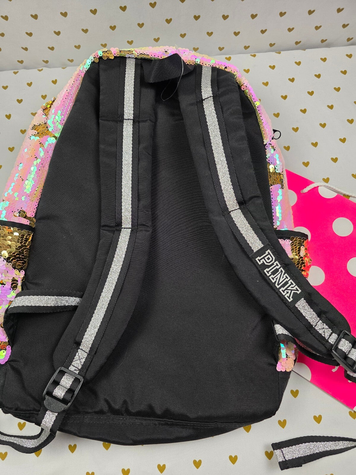 Victoria's Secret PINK Flip Sequin Backpack Gold Pink LOVE PINK Book Bag