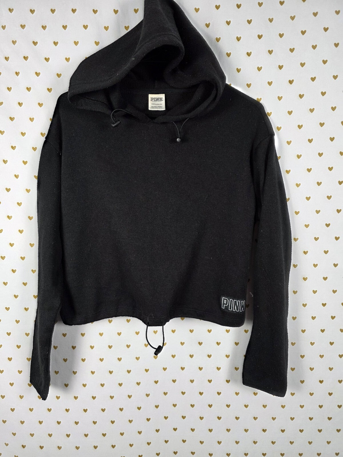 PINK Victoria's Secret Black Cropped Hoodie Rainbow Logo Back Drawstring Hem XS