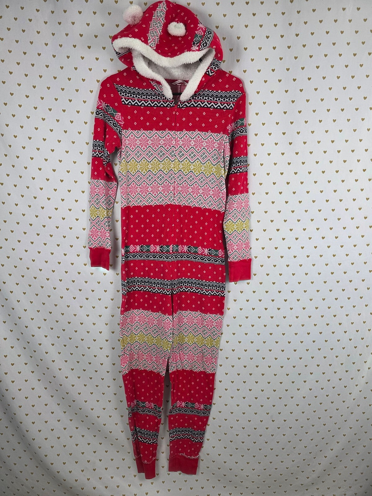 Victoria's Secret Fair Isle Pom Pom Hooded Onesie Pajamas S Christmas Thermal