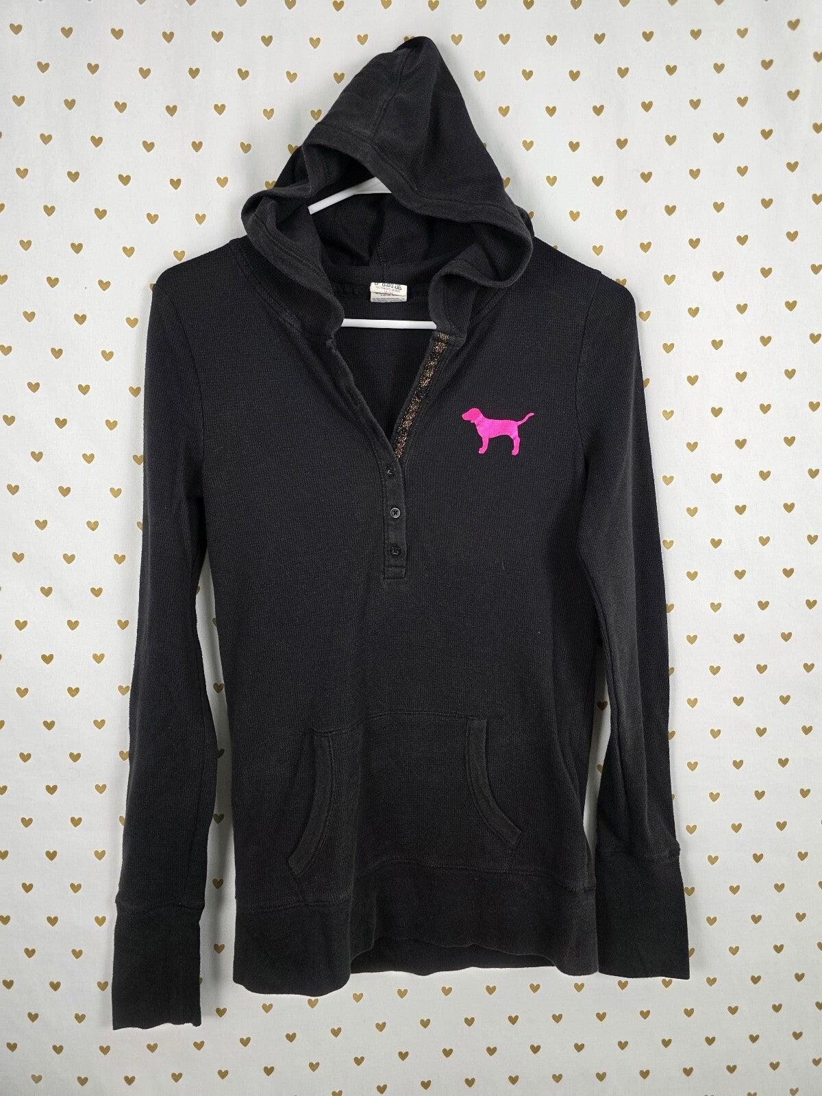 Victorias Secret Pink Vintage Black Thermal Hooded Henley Logo Medium