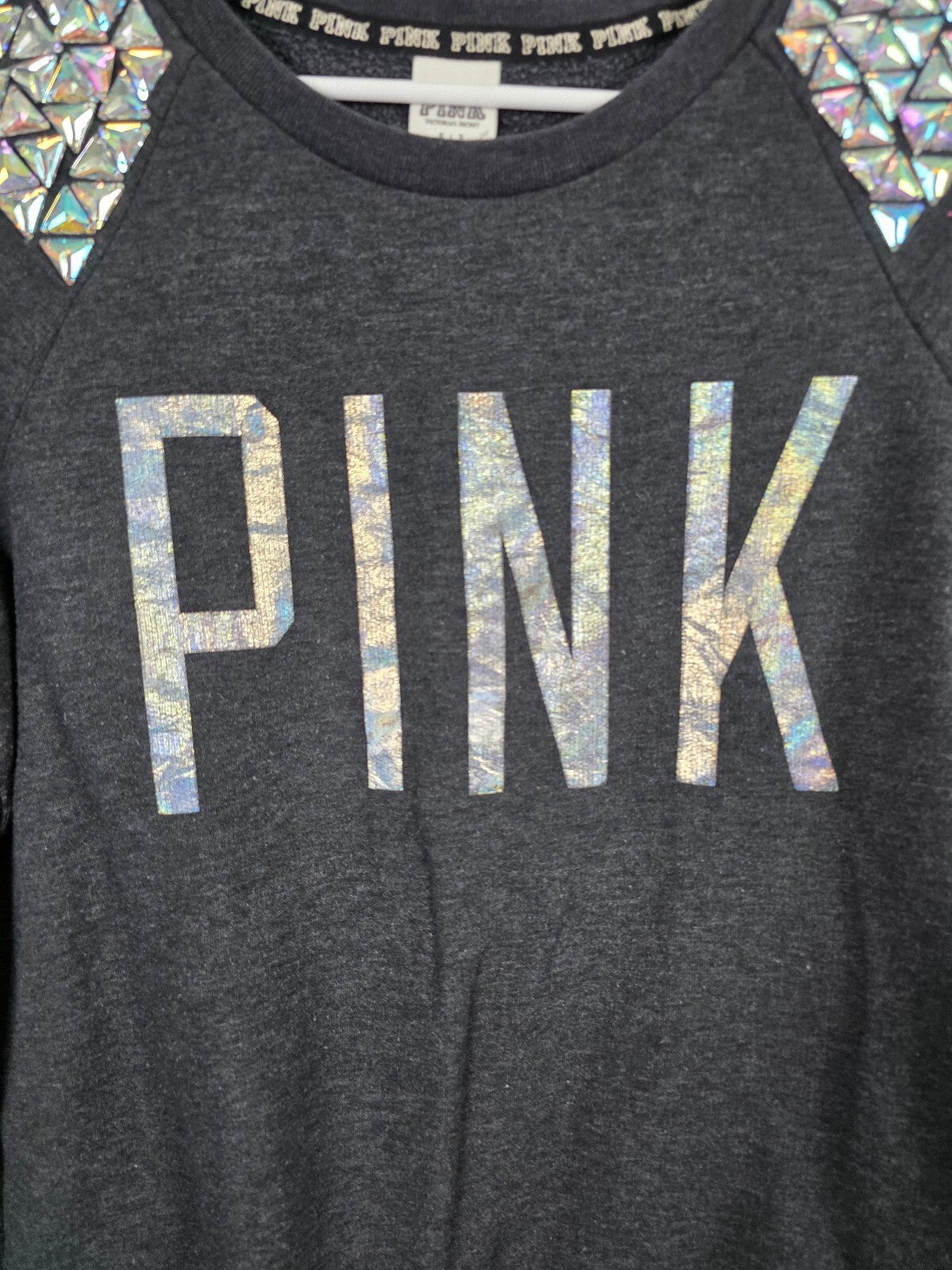 Victorias Secret Pink Bling Geometric Gem Shoulder Crew Sweater Logo Small
