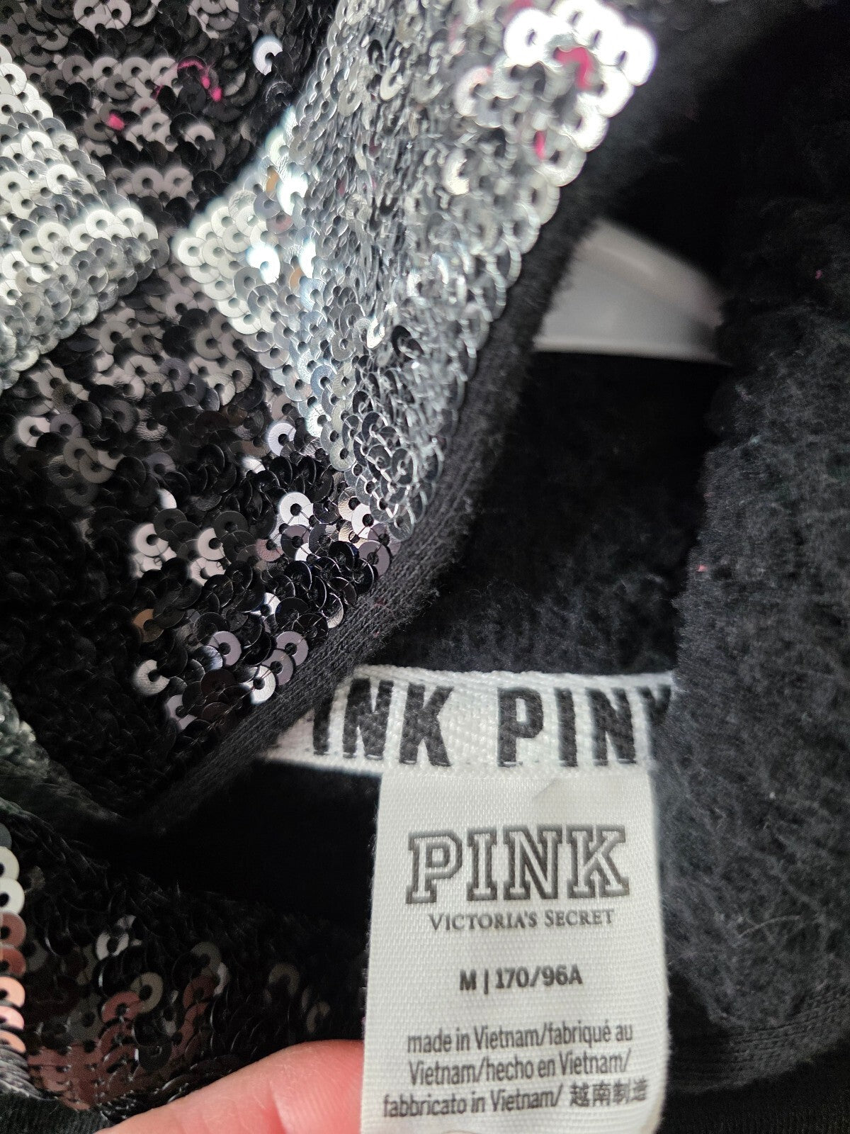 RARE Victoria's Secret PINK MEGA BLING Sequin Checkerboard Hoodie Dog M Rainbow