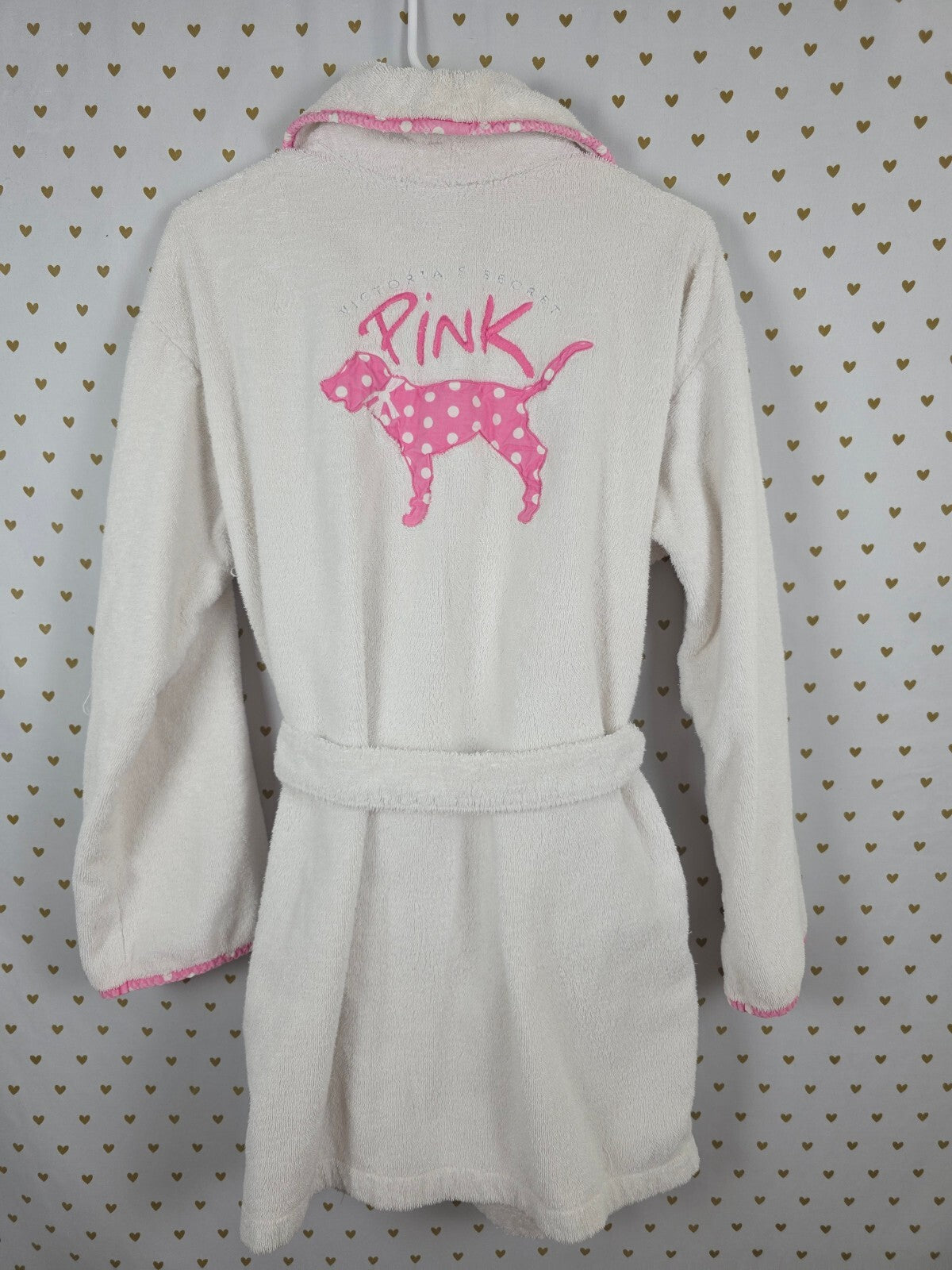 Victoria's Secret PINK Plush Terry Robe White Pink Polka Dot Dog M/L 2004