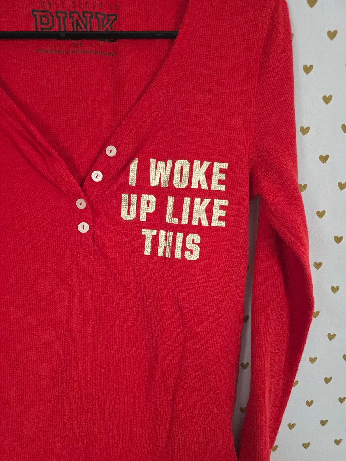 Victorias Secret PINK I Woke Up Like This Red Logo Henley Thermal Shirt Medium