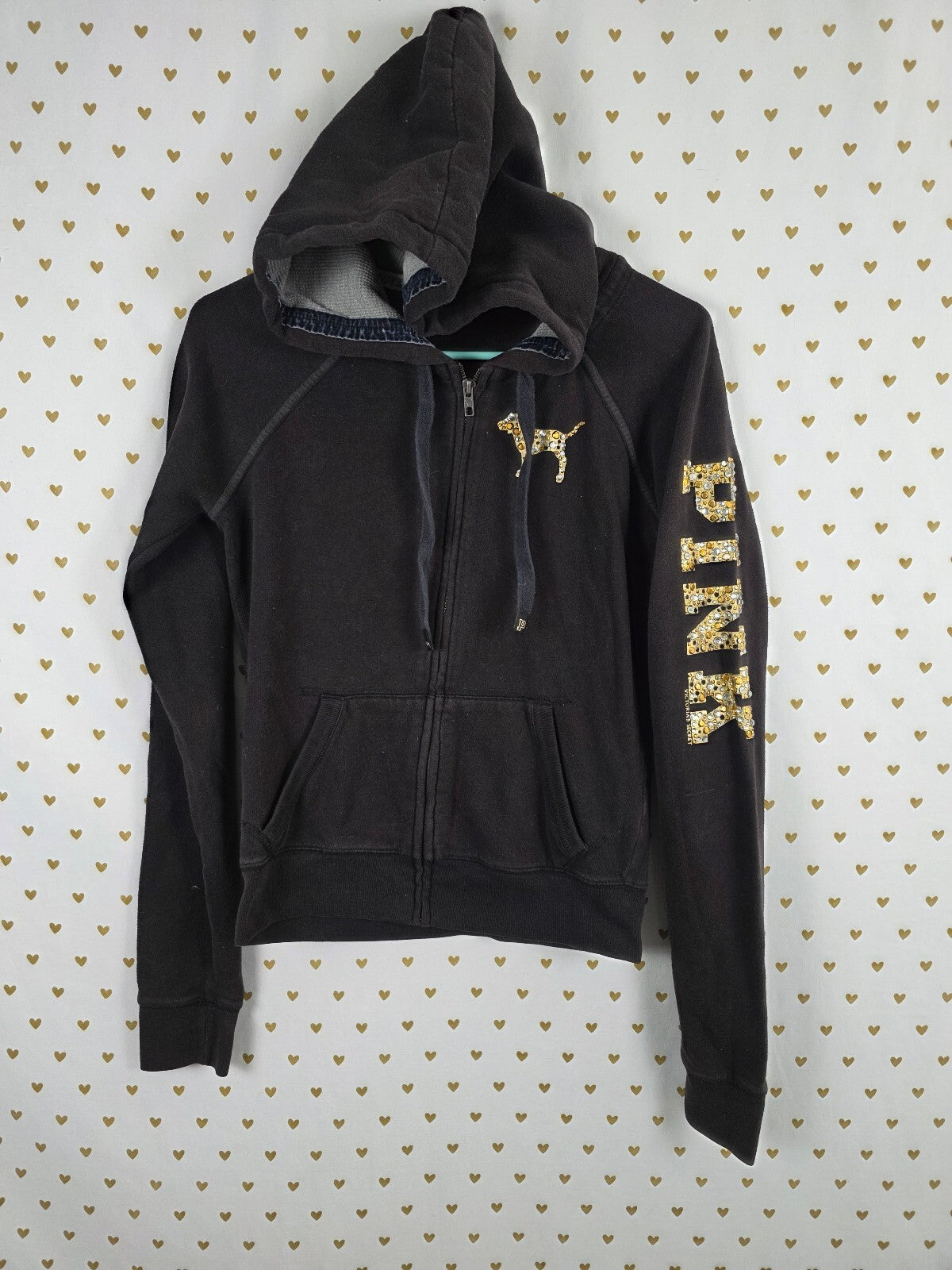 Victorias Secret Pink Vintage peace Bling Gold Logo Y2k Full Zip Hoodie Jacket S