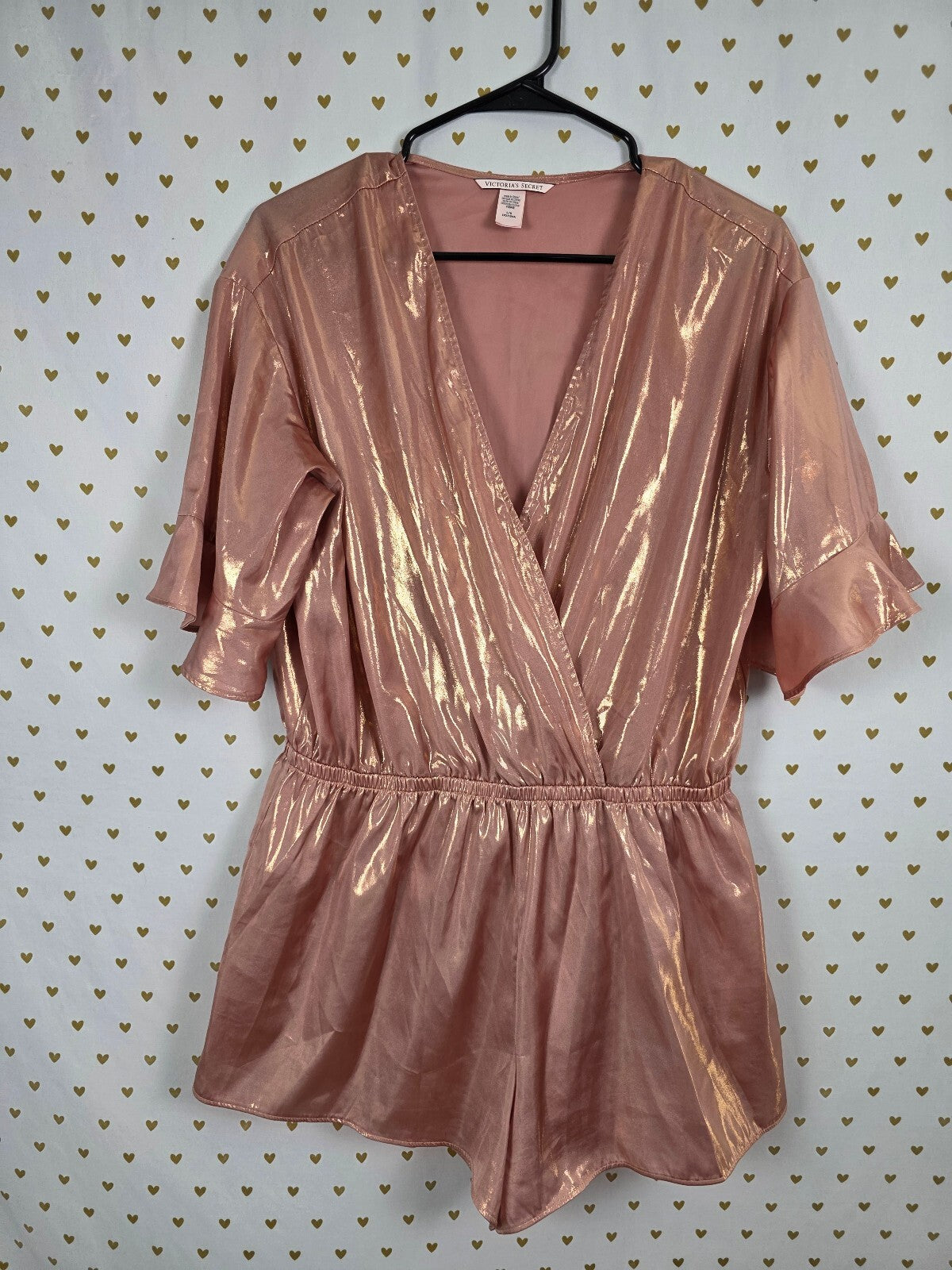 Victoria's Secret Rose Gold Metallic Wrap Romper Flutter Sleeve L