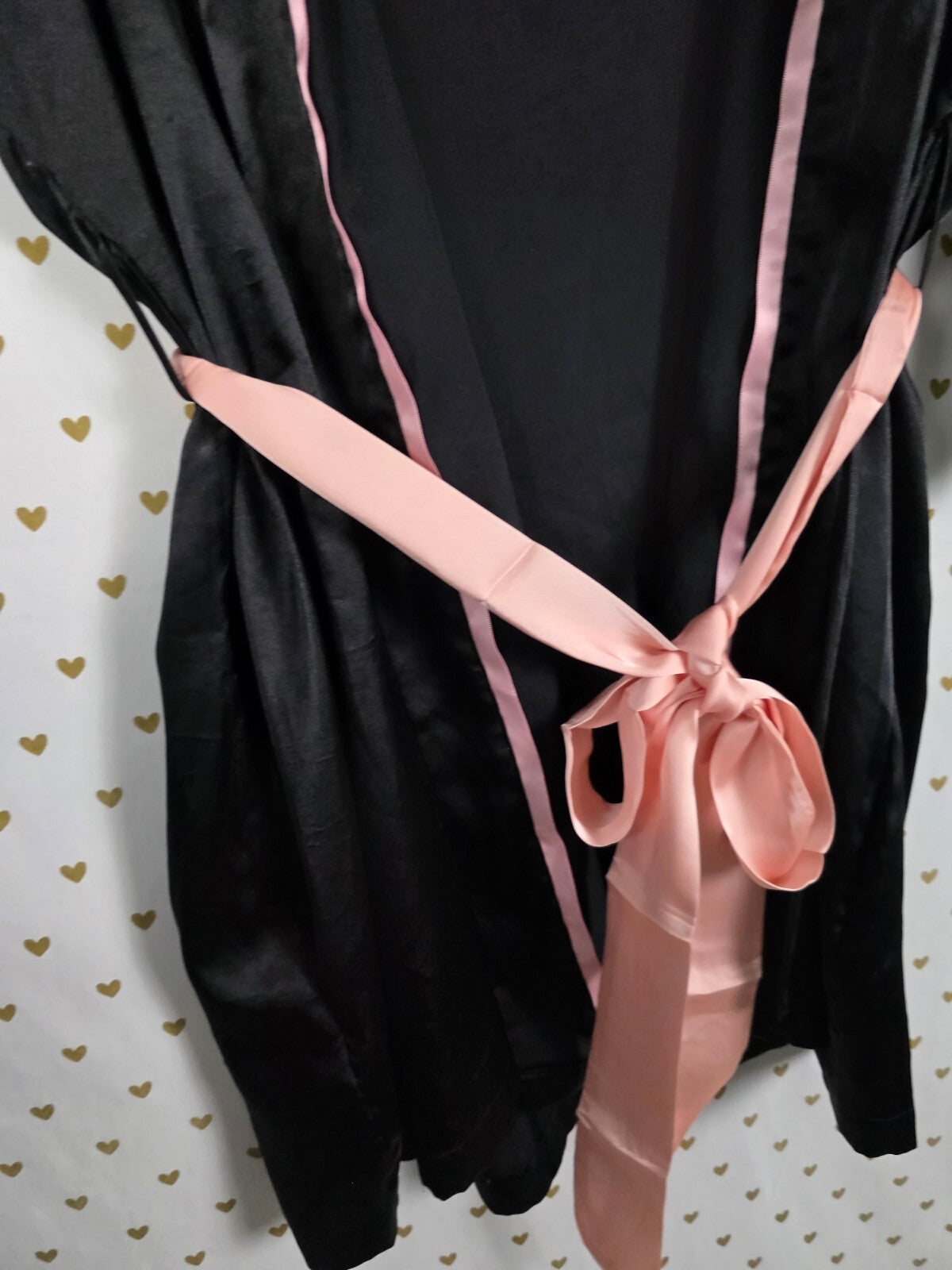 Victorias Secret Satin Silky Robe Black Pink Lounge Kimono Wrap Small Med pocket