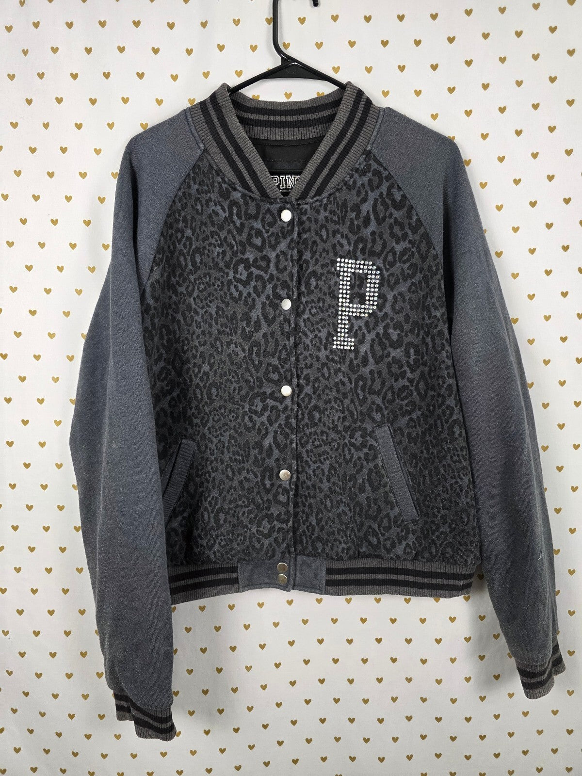 Victorias Secret Pink BLING CHEETAH LEOPARD Logo Varsity Bomber LARGE