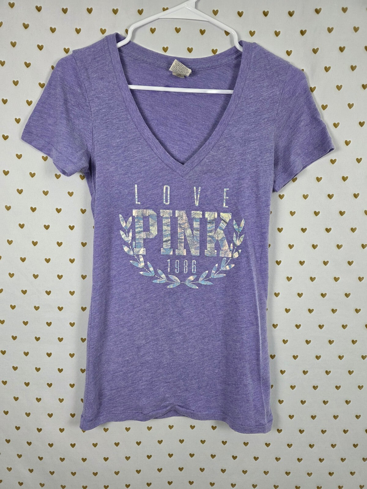 Victorias Secret PINK Purple V neck Holographic Logo Tee shirt XS