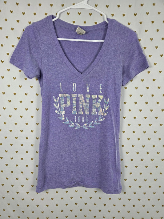 Victorias Secret PINK Purple V neck Holographic Logo Tee shirt XS