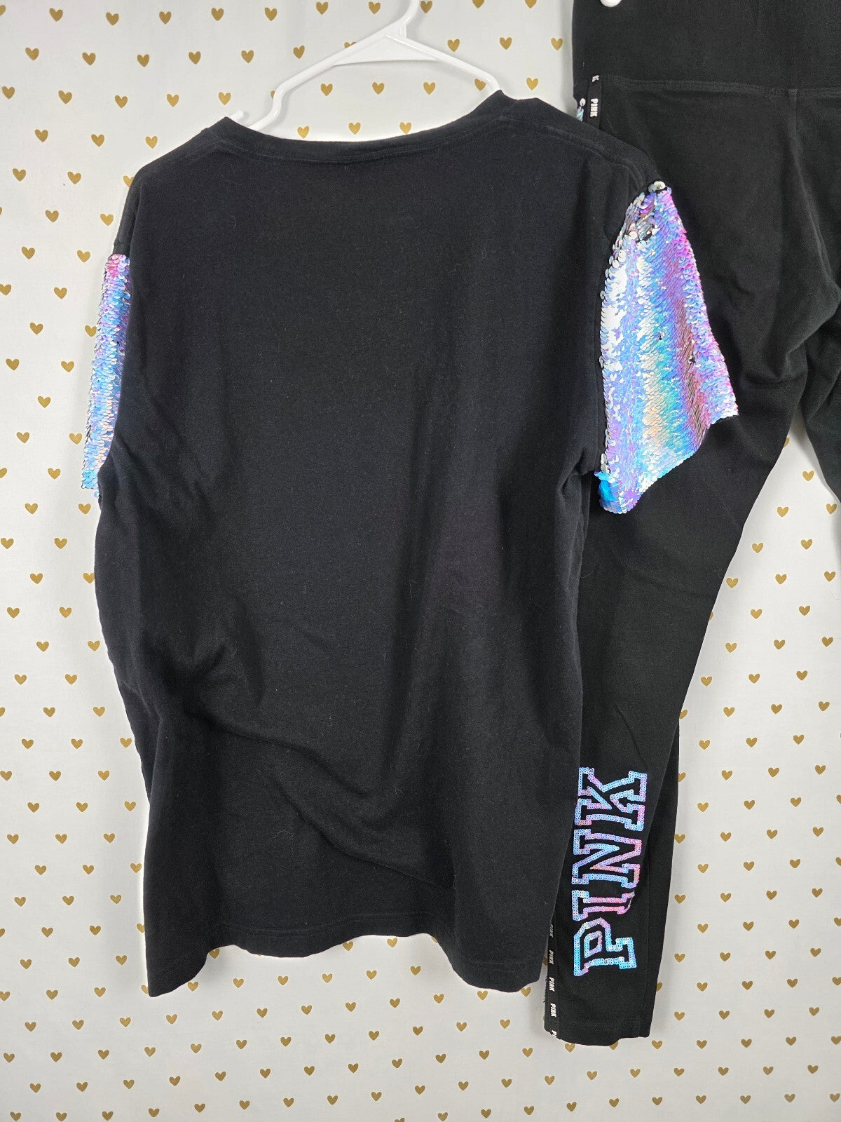 Victorias Secret PINK MERMAID Flip Bling Sequined SET M L Tee Yoga Pants HTF