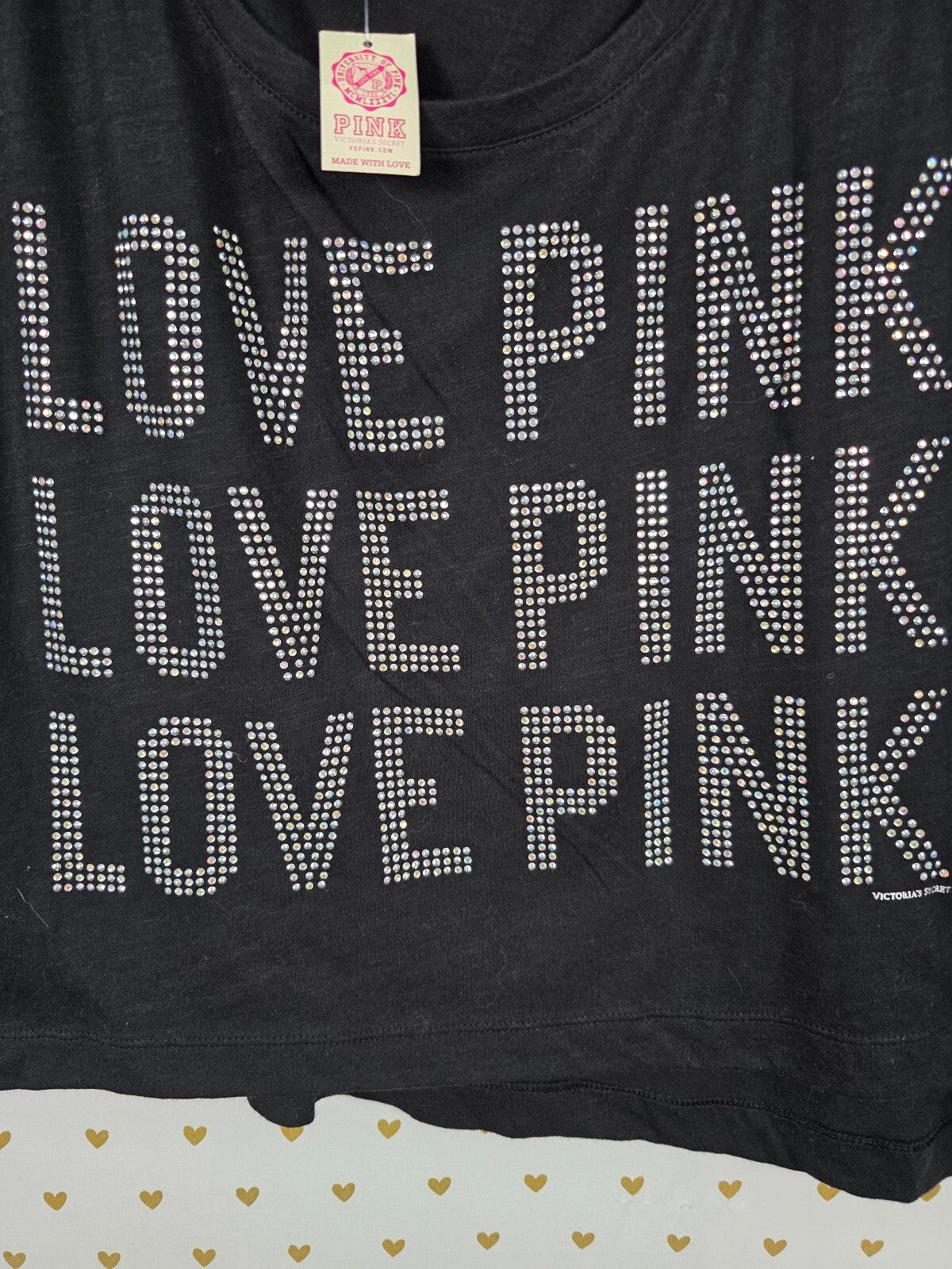 NWT Victoria's Secret PINK Love Pink Rhinestone Bling Tee M Oversized Y2K Crop