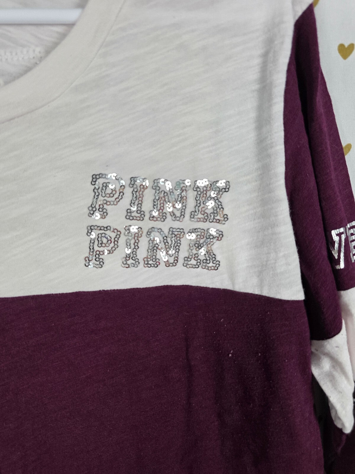 Victorias Secret PINK Large Sequin Bling Tee shirt Colorblock Maroon