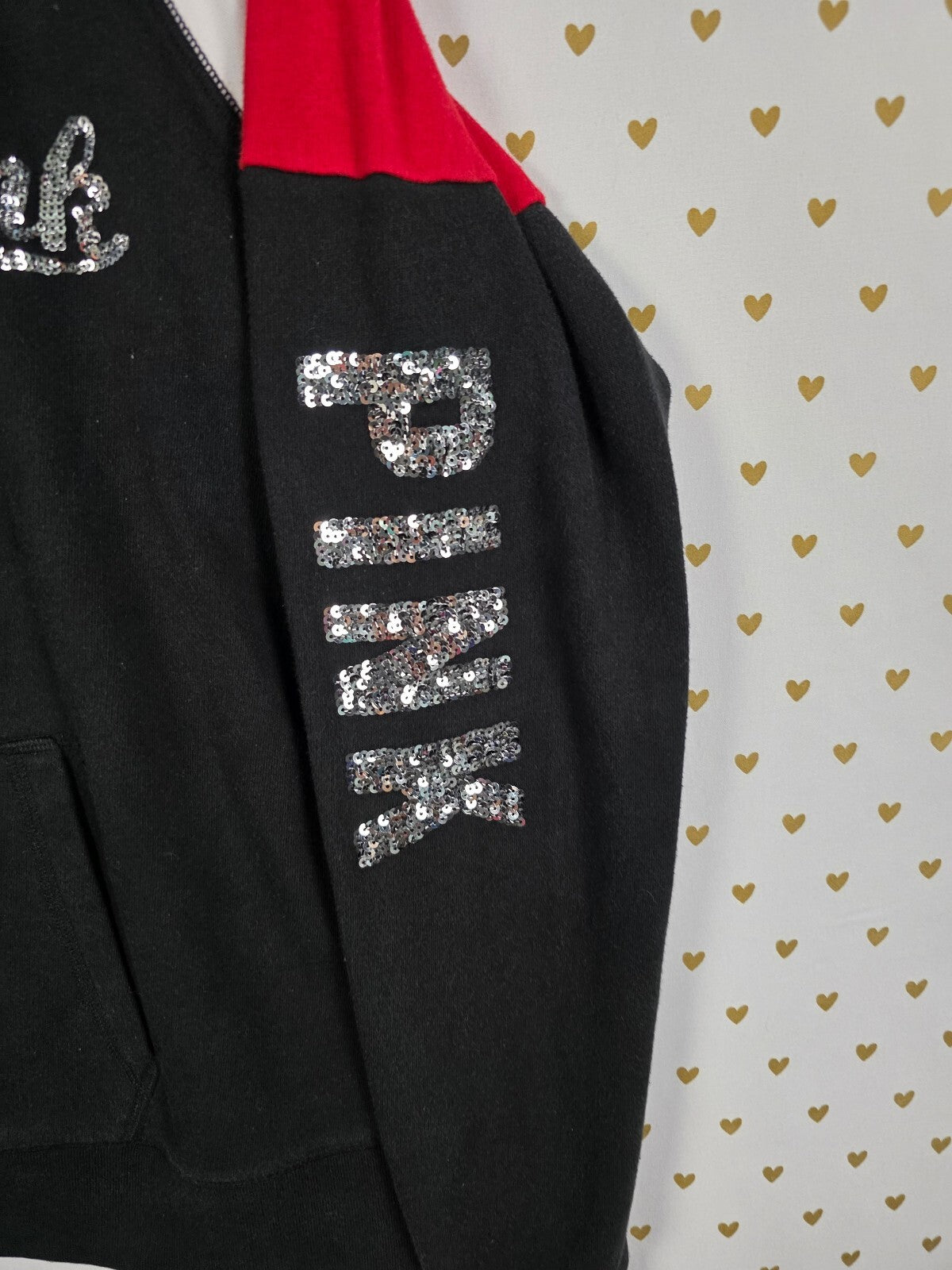 Victorias Secret Pink Black Bling Full Zip Hoodie Jacket Logo sequined Large