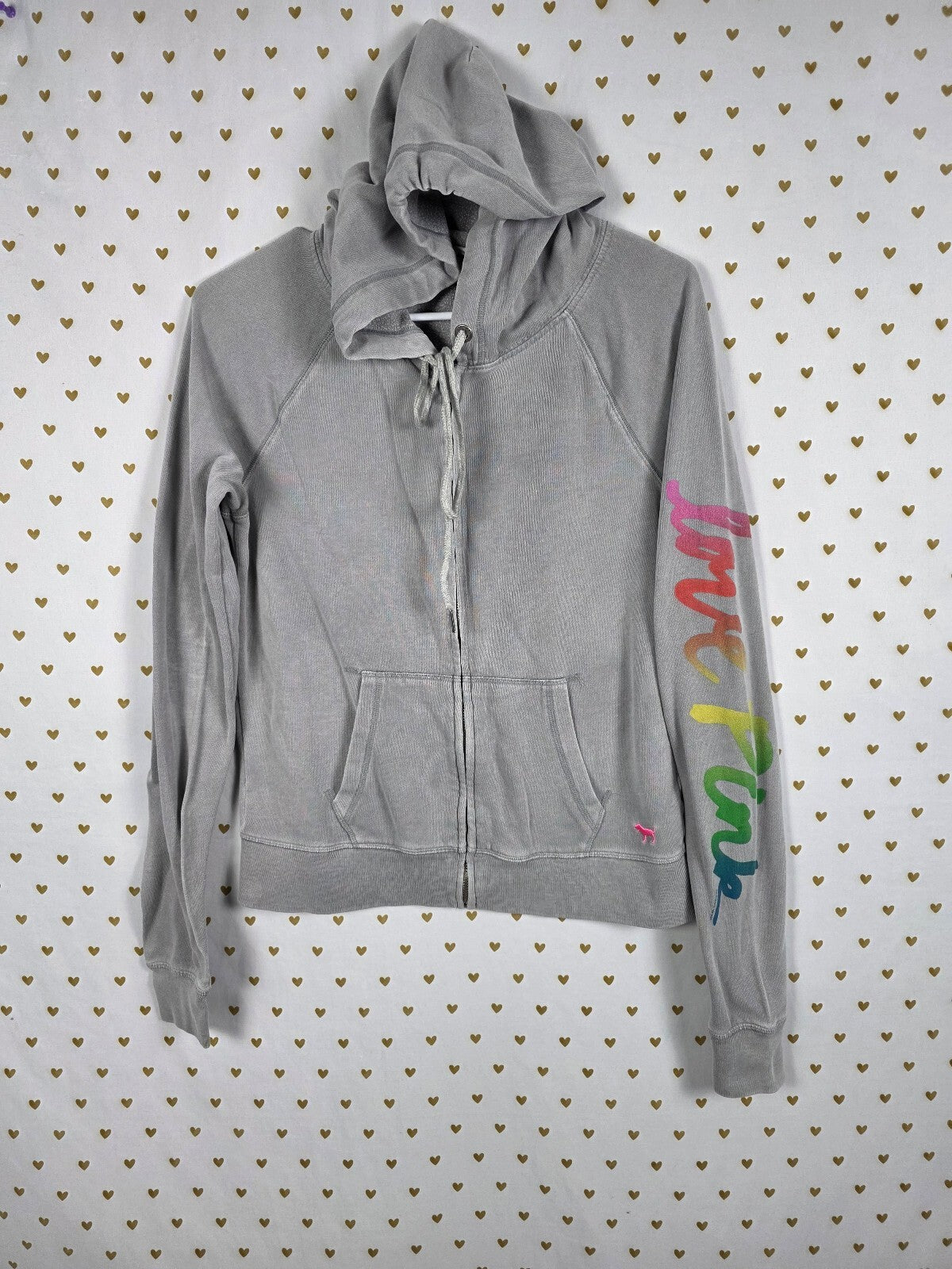 Victorias Secret Pink Rainbow Full Zip grey Hoodie Sweater Logo LOVE MEDIUM Y2k