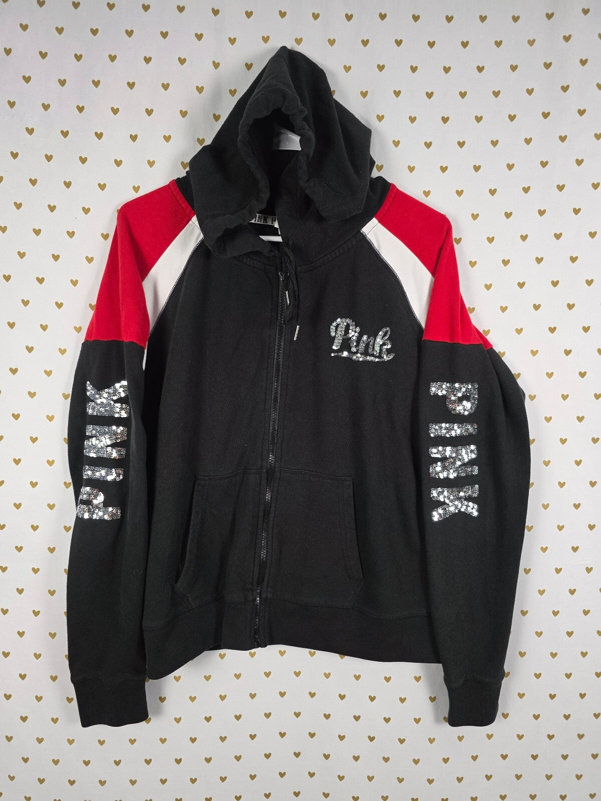 Victorias Secret Pink Black Bling Full Zip Hoodie Jacket Logo sequined Large