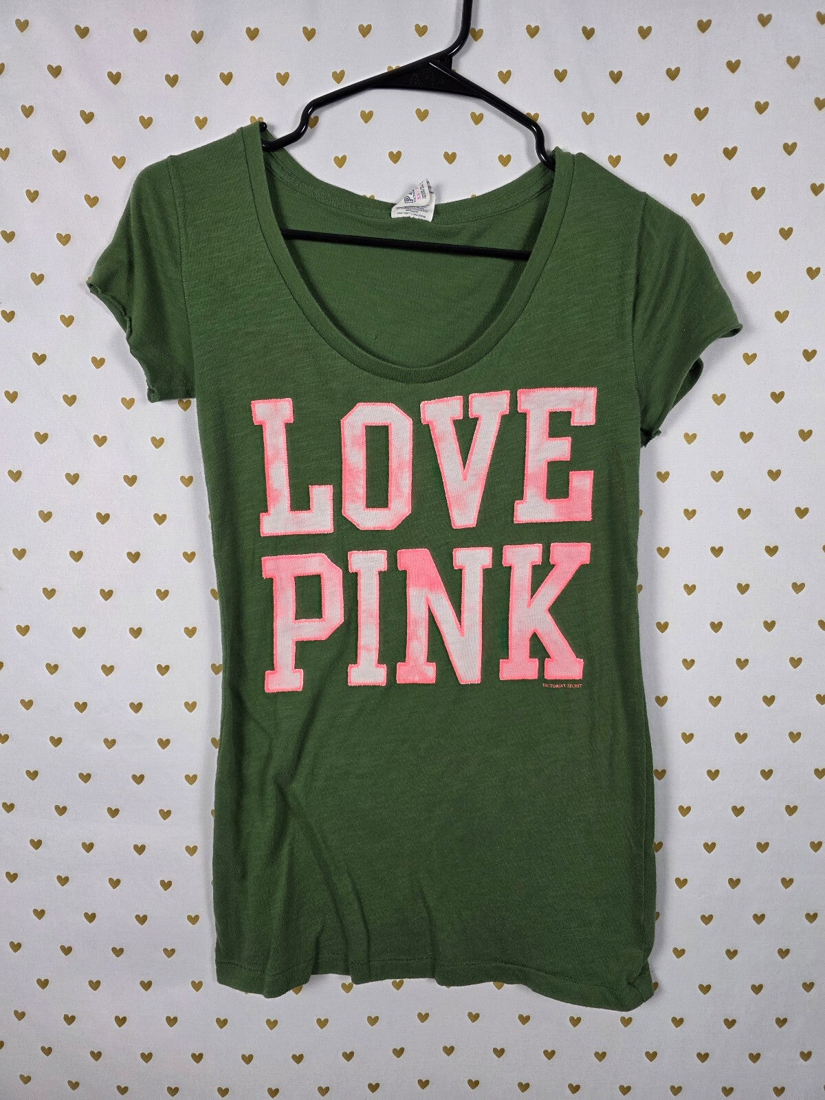 Victorias Secret PINK LOVE Green Embroidered Tee Shirt vintage y2k XS