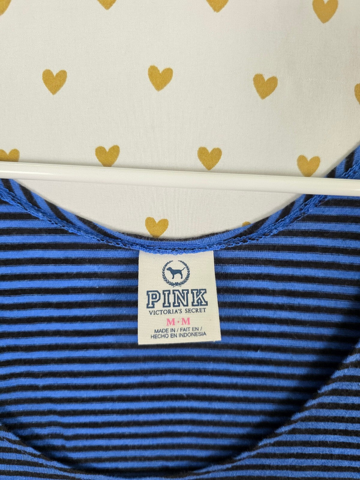 Victorias Secret PINK Vintage Blue striped Tank Top Embroidered Dog Medium