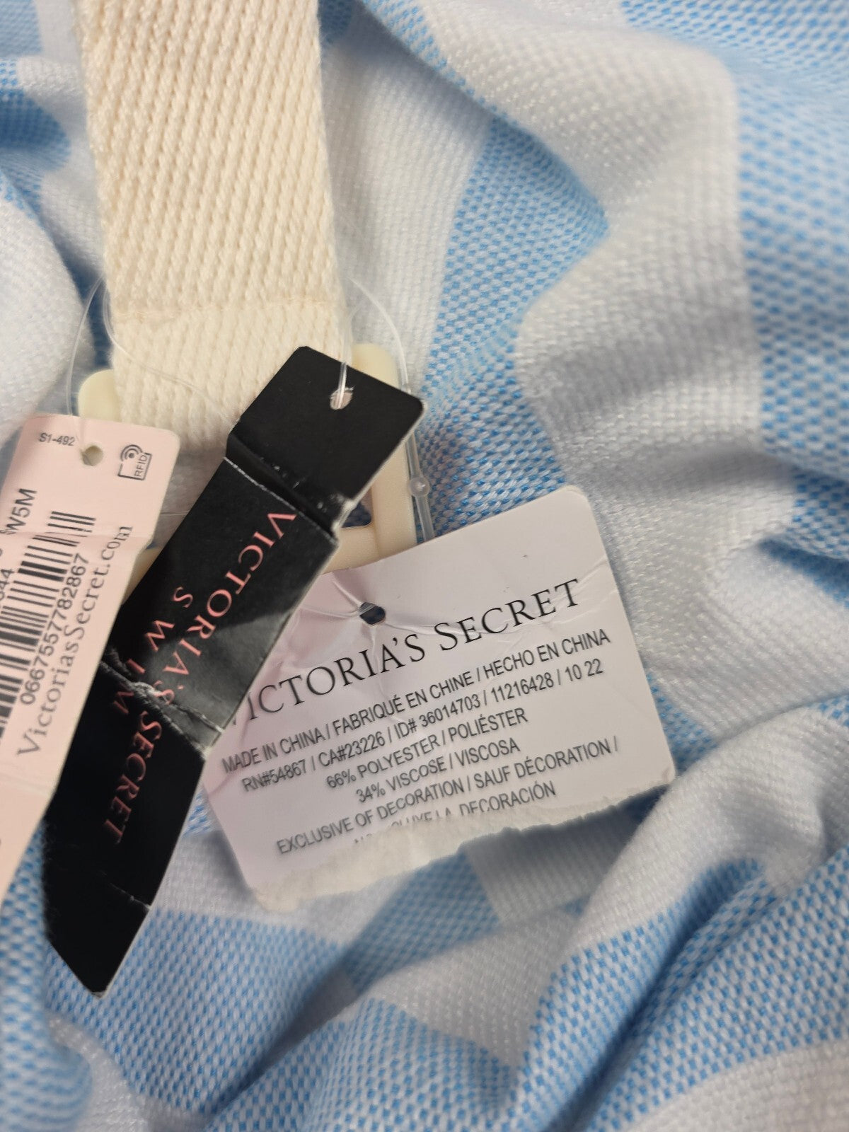 Victoria’s Secret Blue White Stripe Beach Blanket NWT Fringe Carry Strap VS