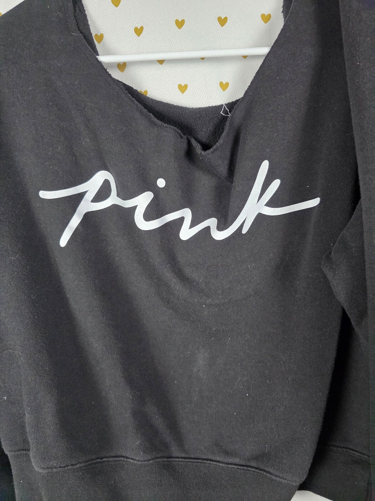 Victorias Secret PINK Slouchy Sweater Set Sweatpants Large Black Logo Sweats 2pc