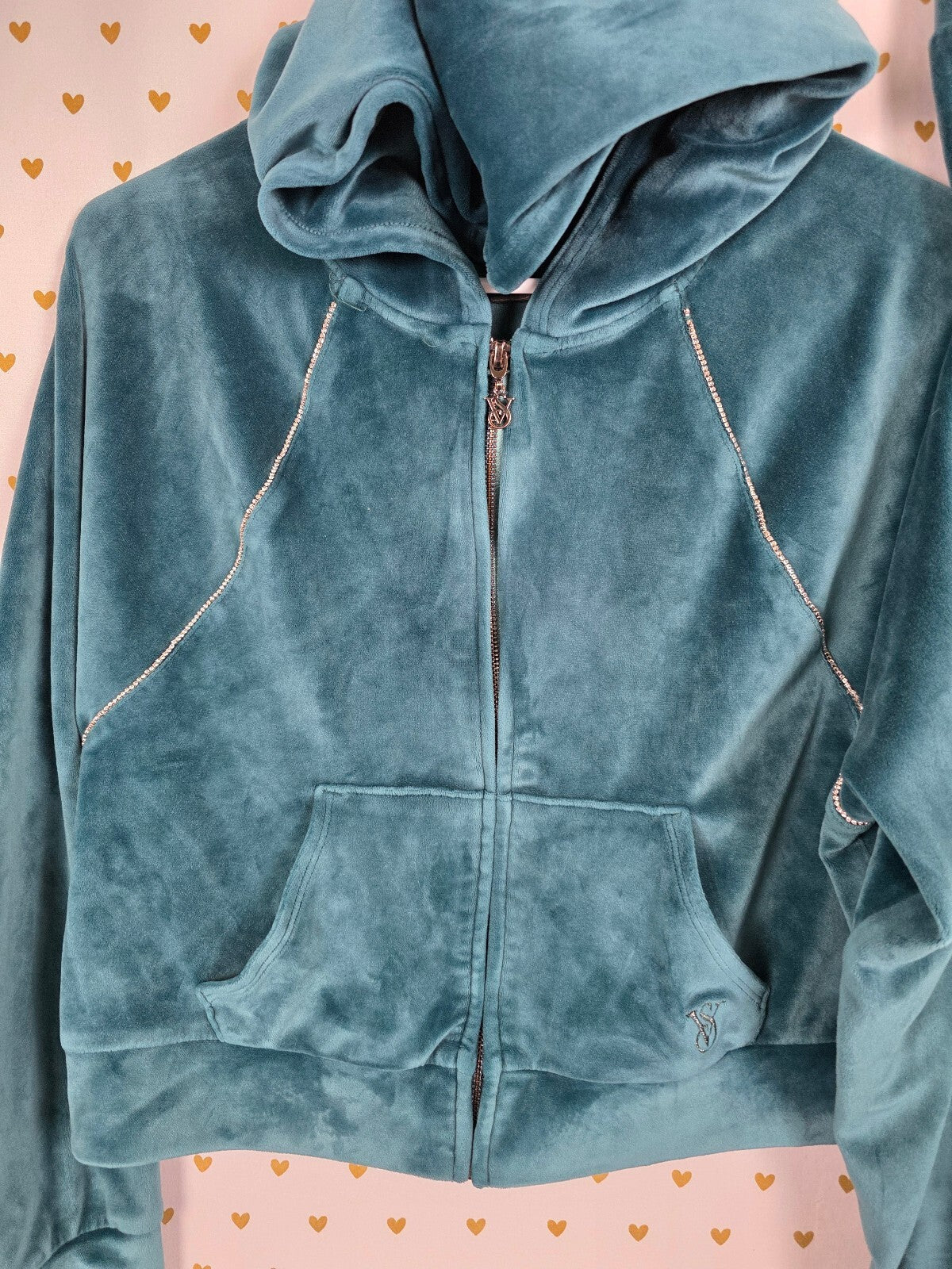 Victoria's Secret On Point Velour Tracksuit XS Teal Rhinestone Hoodie Pants