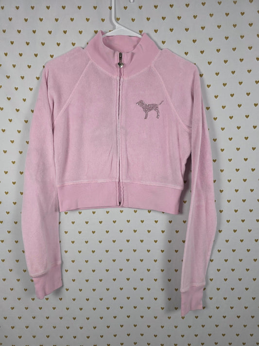 Victoria's Secret PINK Terry Crop Jacket Pink Rhinestone LOVE Full Zip MEDIUM