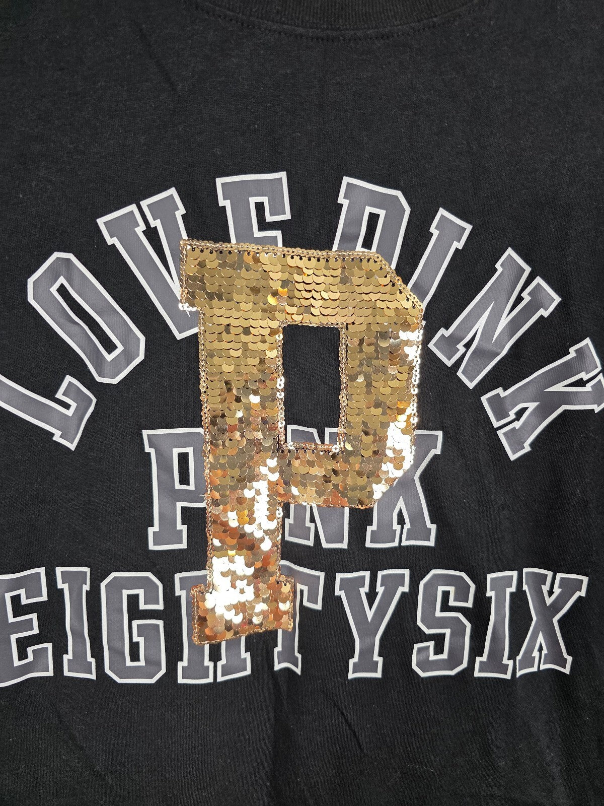 Victorias Secret PINK Gold BLING Sequin Logo Tee Shirt 86 LARGE