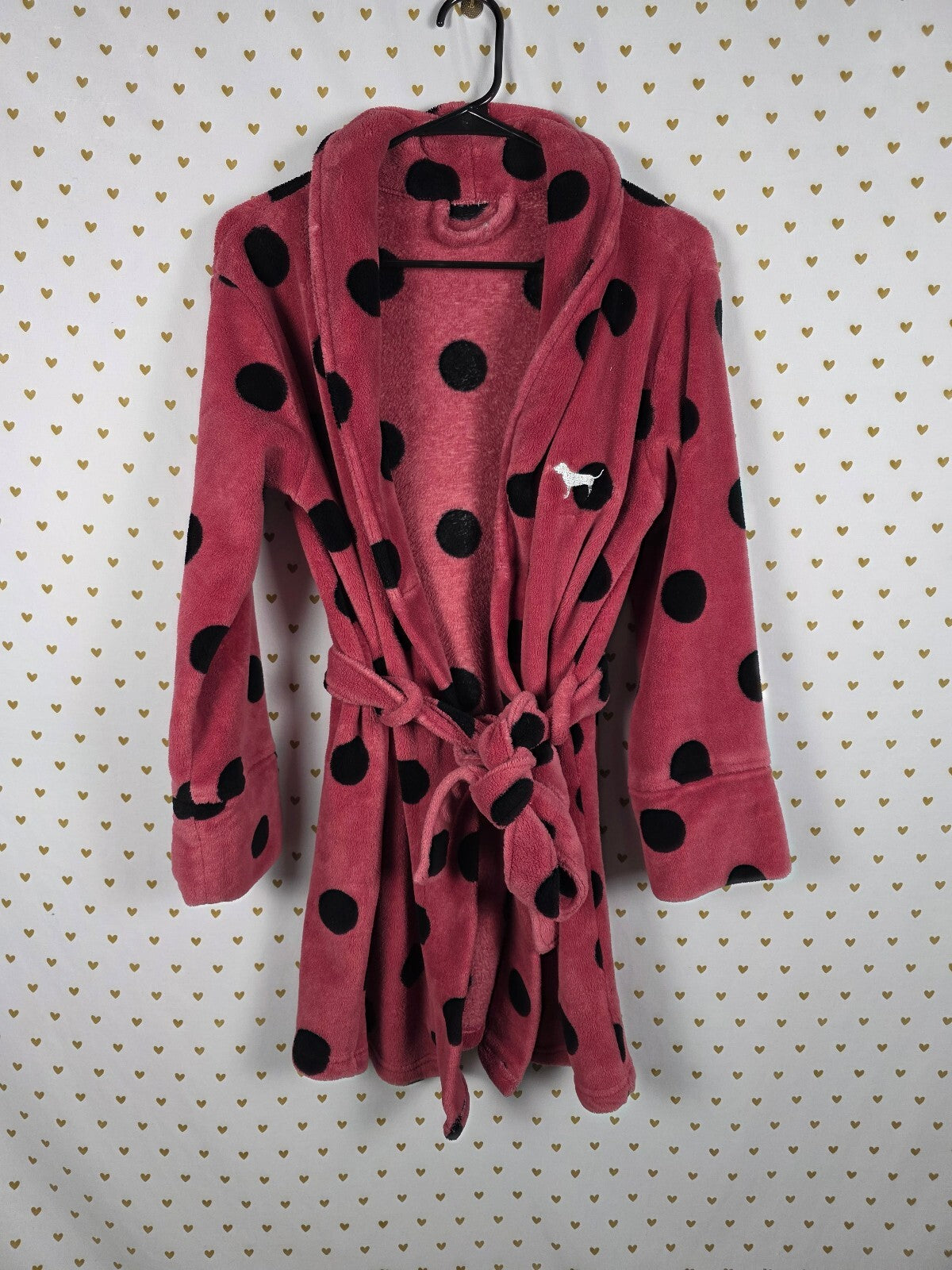 Victorias Secret PINK Polka Dot Fluffy Bath Robe Warm Dog Logo Small Medium