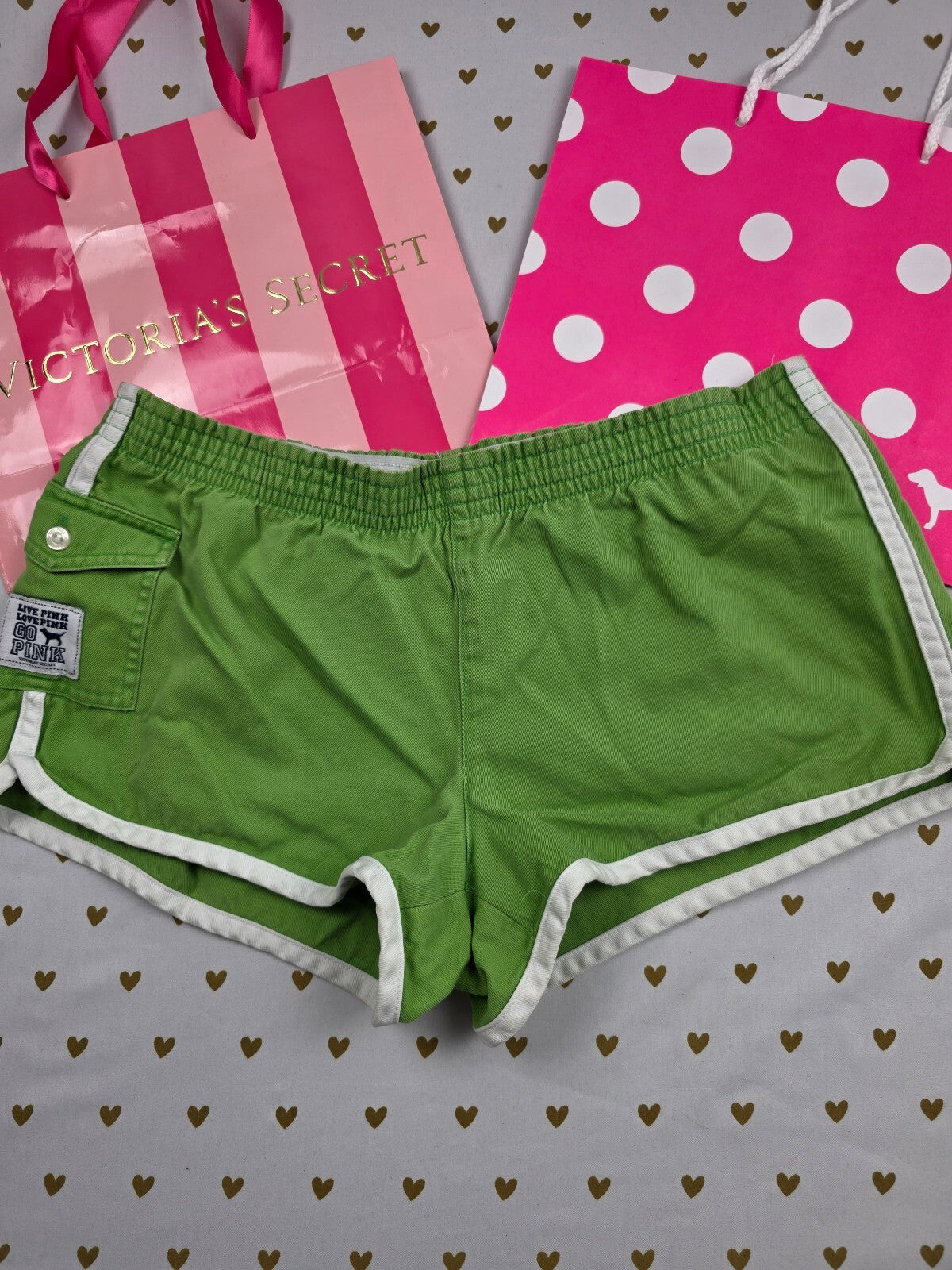 Vintage 2007 VS PINK Green Foldover Dolphin Shorts SMALL Go Pink Y2K Cargo