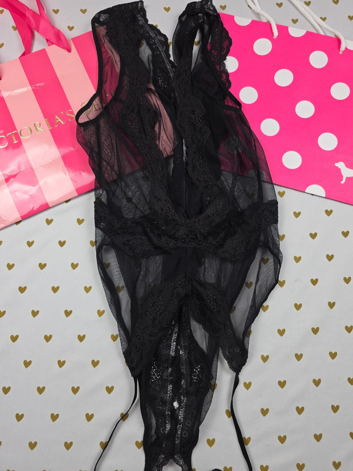 Victoria's Secret Black Lace Crotchless Teddy Bodysuit Garter Straps Lingerie