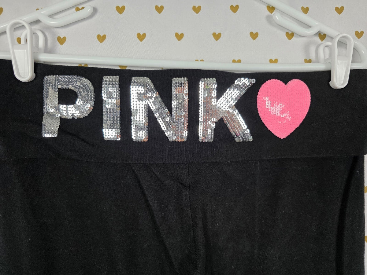 Victorias Secret PINK BLING heart FOLDOVER Yoga Pants FLARE Campus Originals LRG