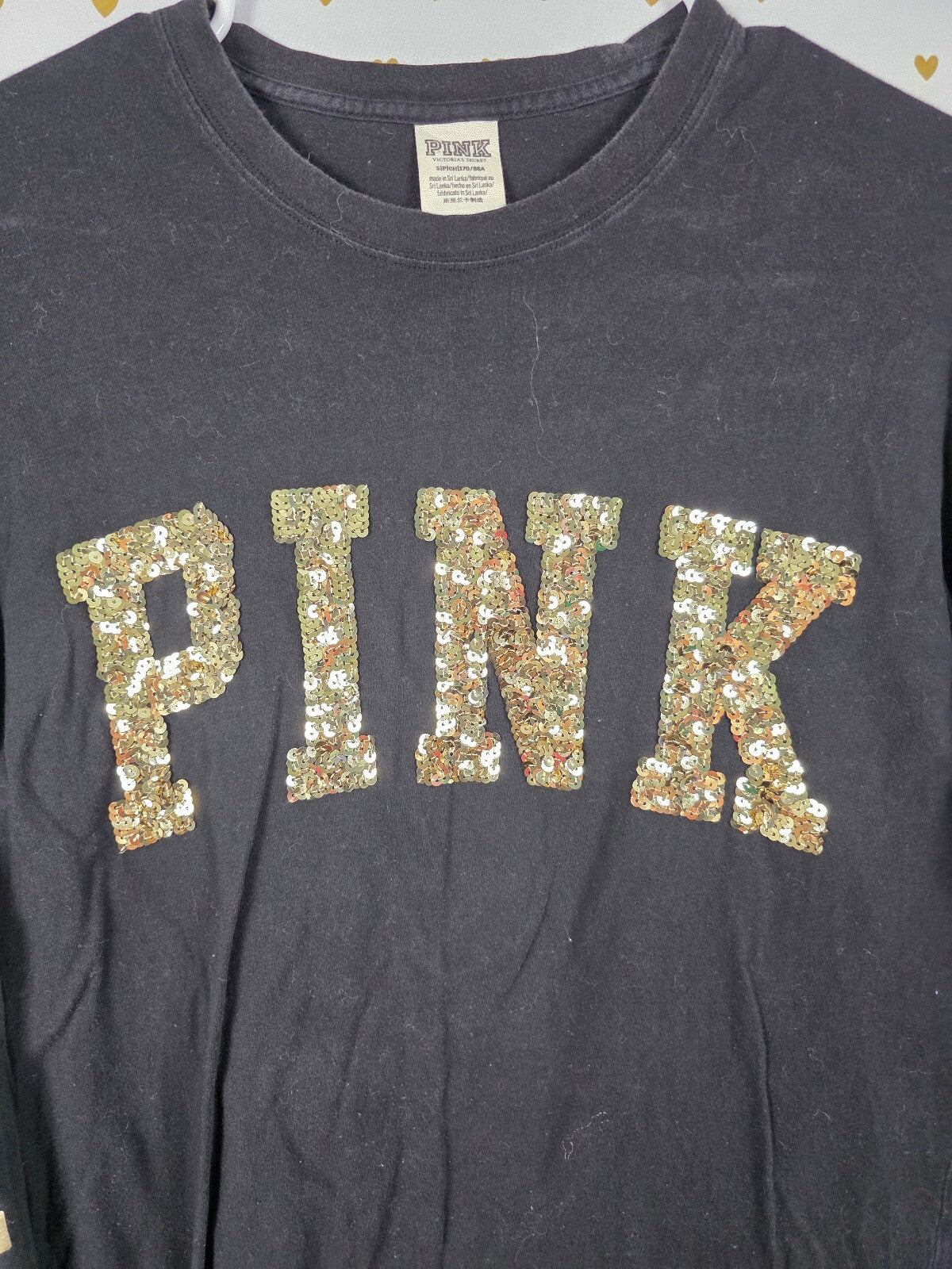 Victorias Secret PINK Gold Bling Long Sleeve Sequin Tee shirt SMALL Oversized