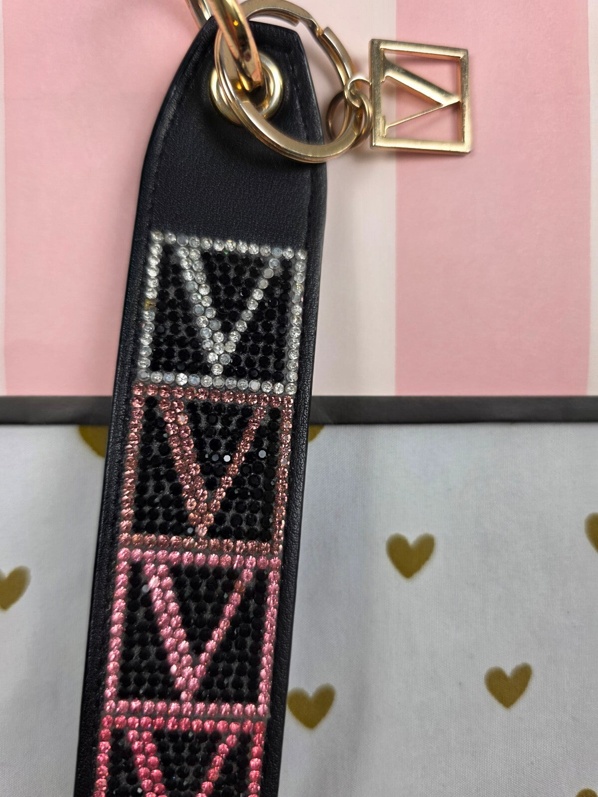 Victoria Secret BLING wristlet strap keychain Handle Rhinestone V logo