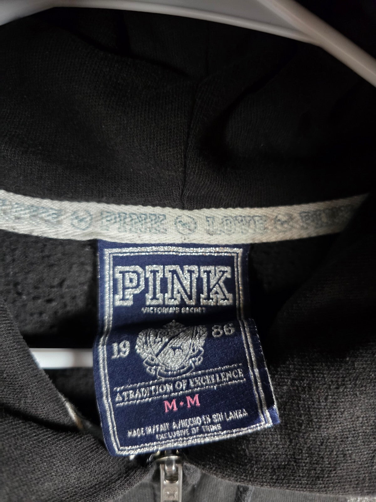Vintage PINK Victoria's Secret Jeweled Heart Full Zip Hoodie Black Bling M