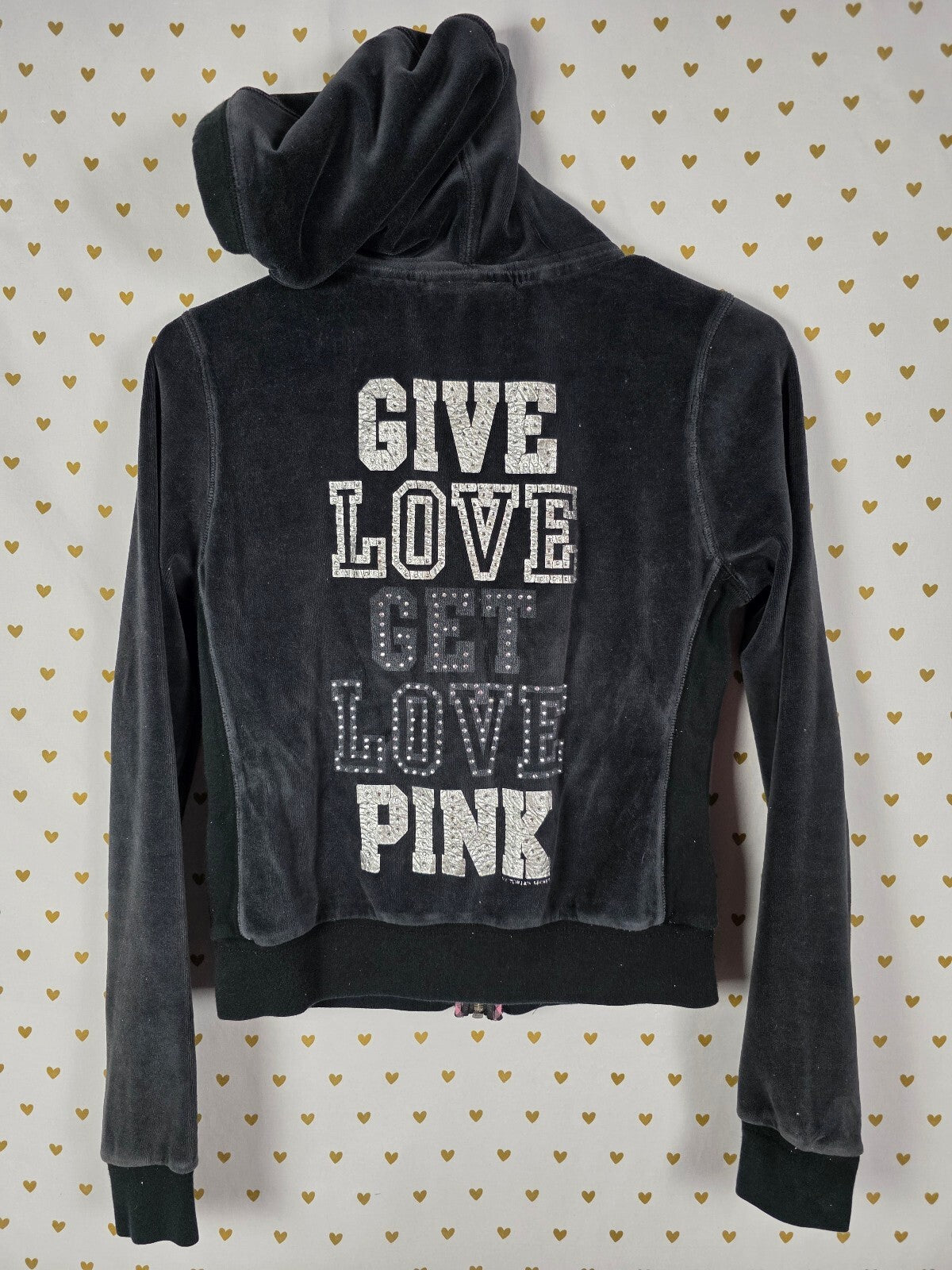 Victoria's Secret PINK Velour BLING Y2k Hoodie Give Get Love Zip Jacket Small