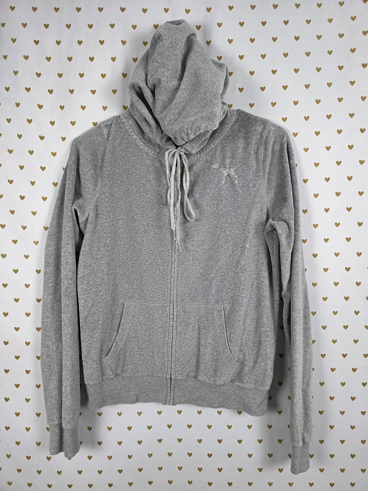 Victorias Secret Pink VELOUR Logo Hoodie Jacket Grey Vintage Y2k Medium