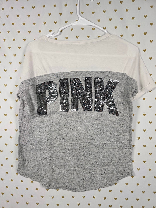 Victorias Secret PINK Bling Sequined Colorblock Logo Tee Shirt Small
