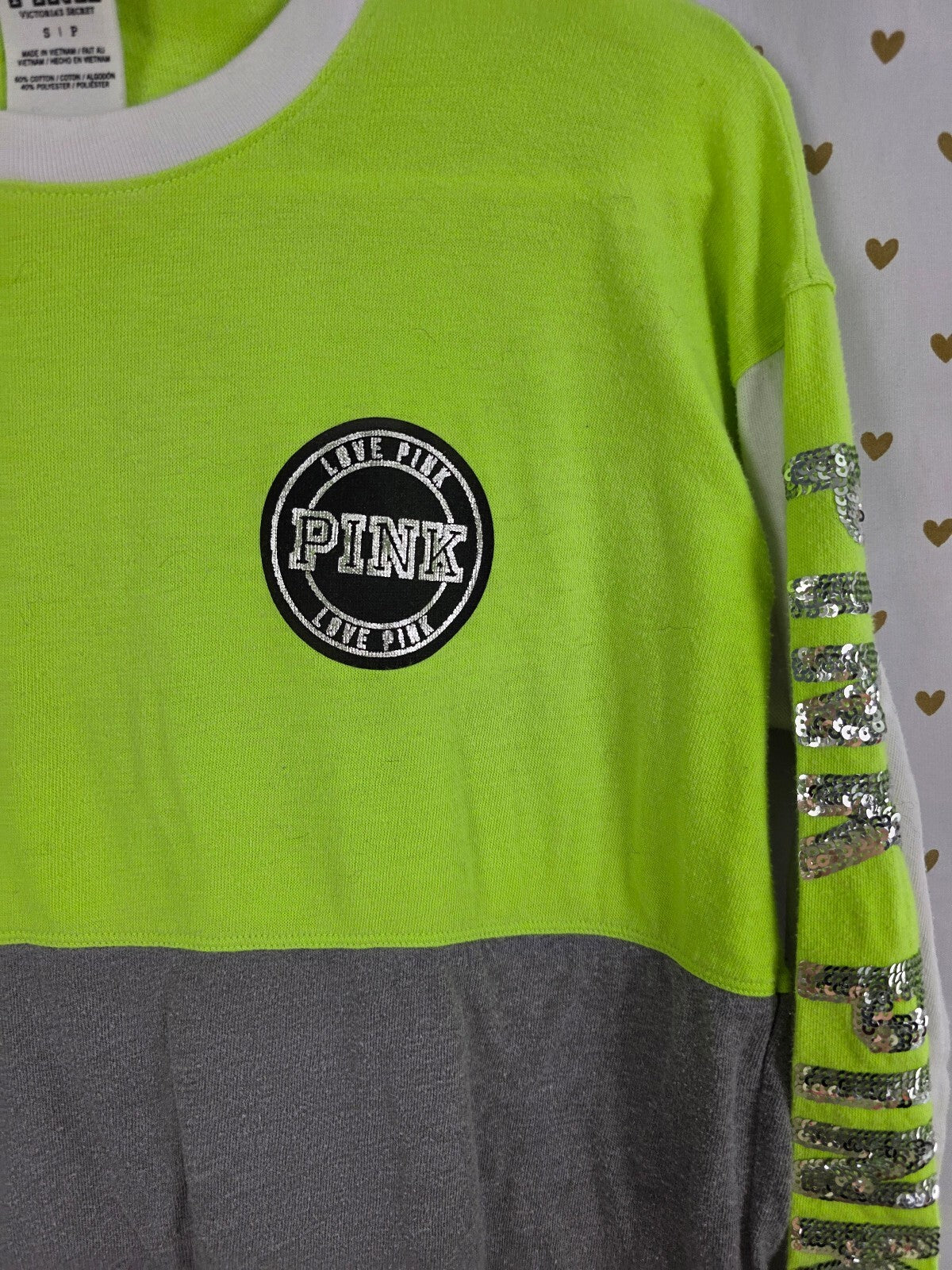 Victorias Secret PINK Neon Bling Sequined Colorblock Long sleeve tee shirt Small