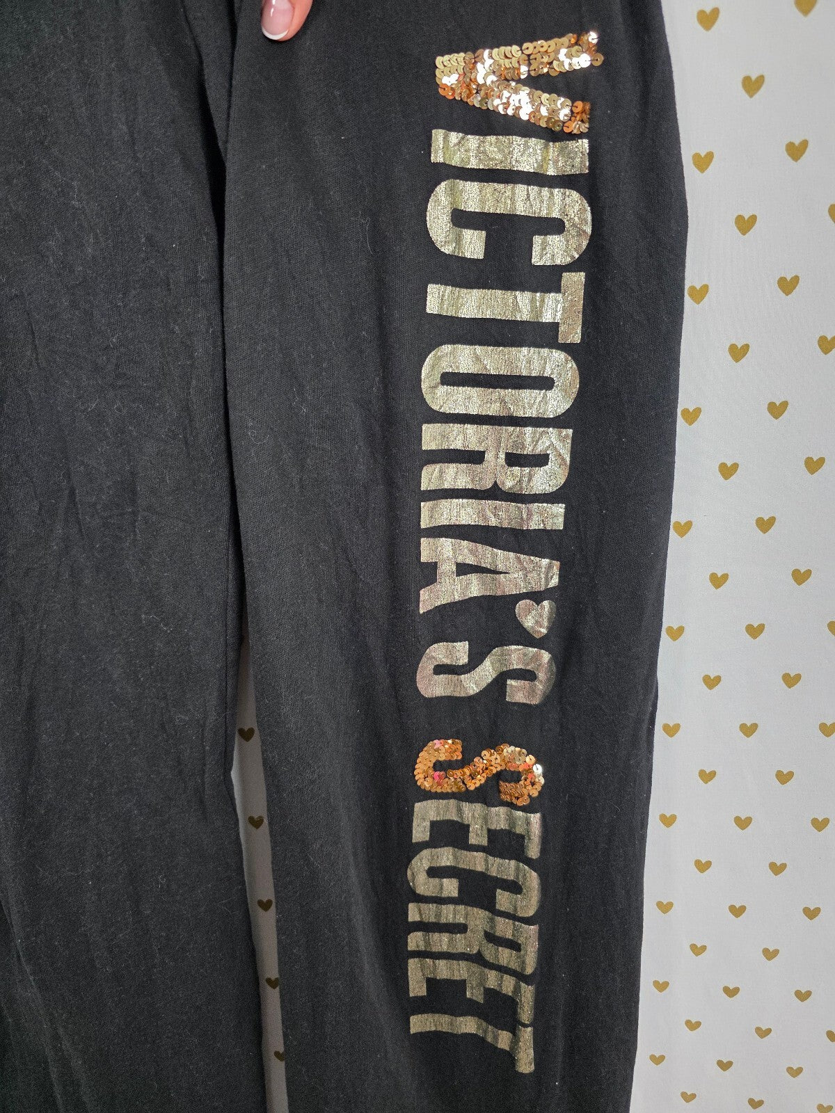 Victorias Secret BLING Logo Sweats Medium Gold Sweatpants Flare Black