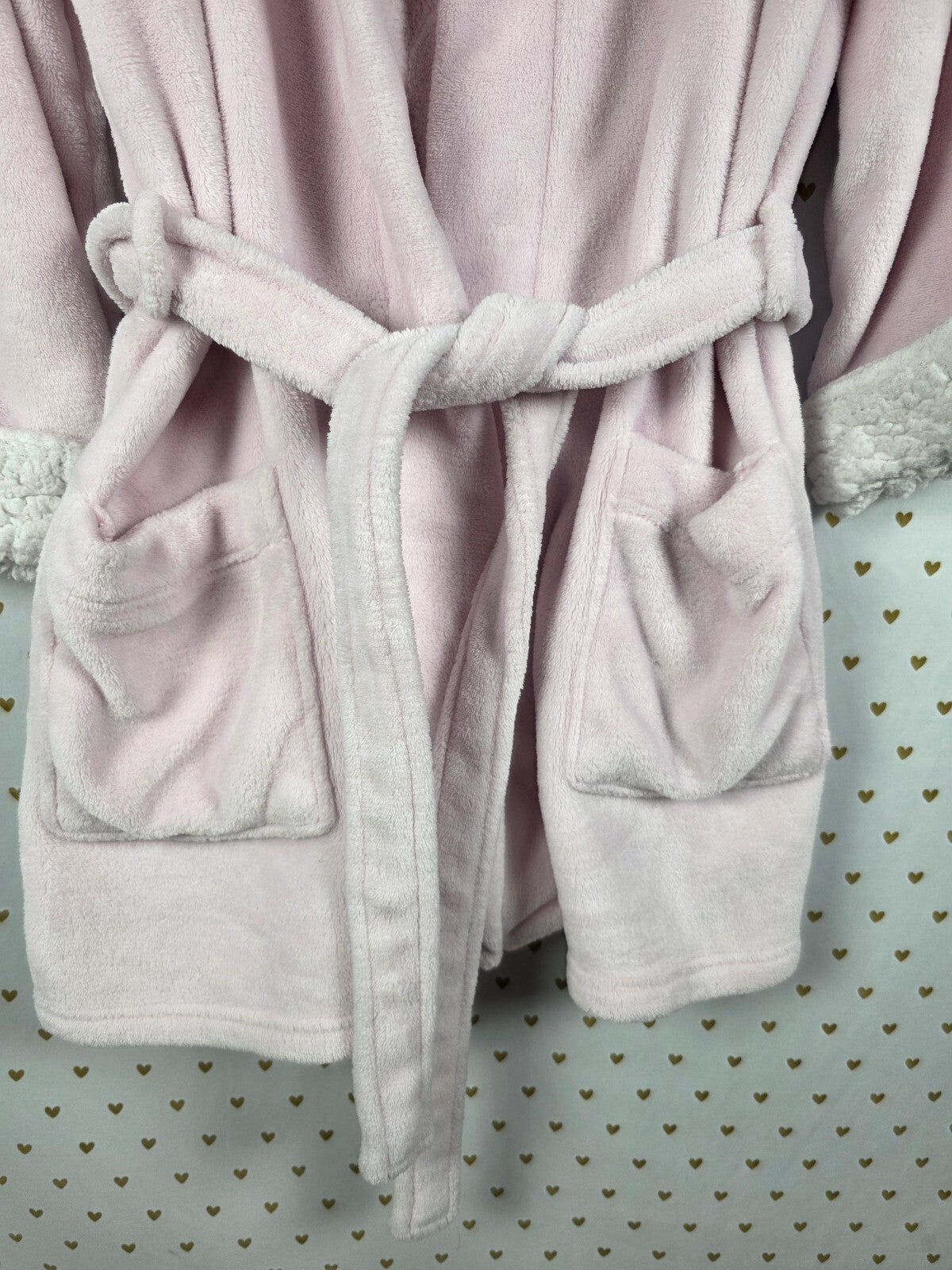 Victorias Secret Pink Thick Fluffy Bling Sequined Gold Crest Hooded Robe Med L