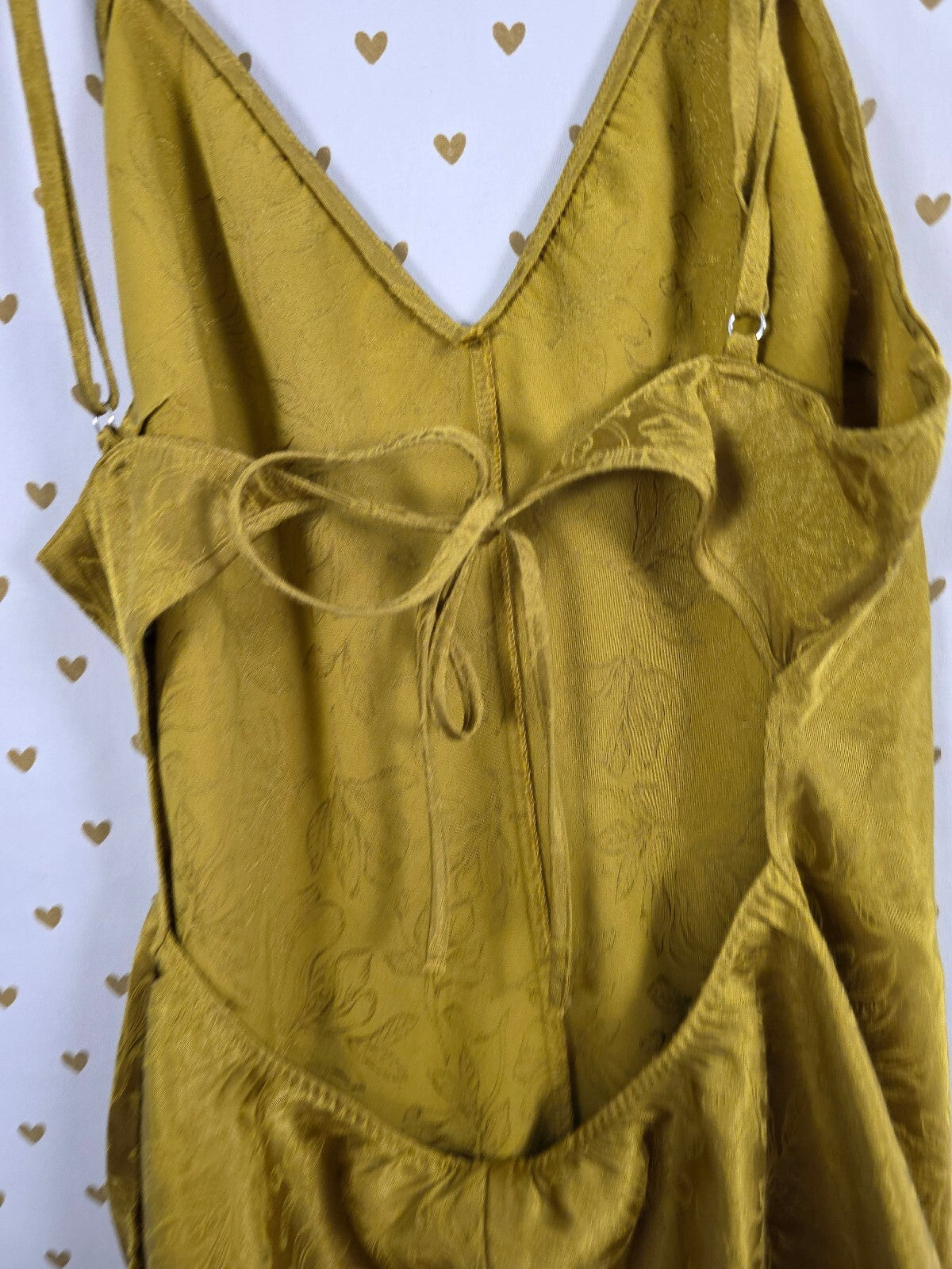Victoria's Secret Satin Jacquard Romper L Golden Chartreuse Floral Tie Back