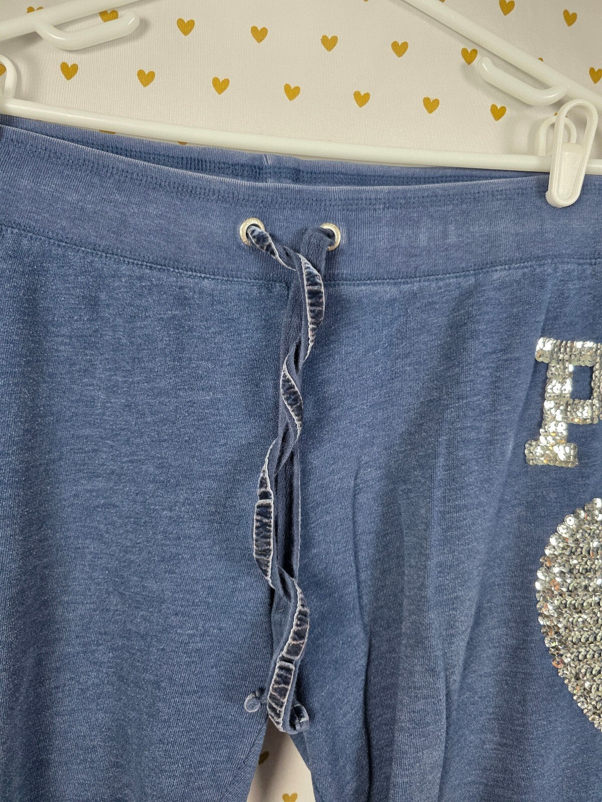 Victorias Secret PINK BLING vintage Sequin Heart Blue Joggers Sweats sweatpants