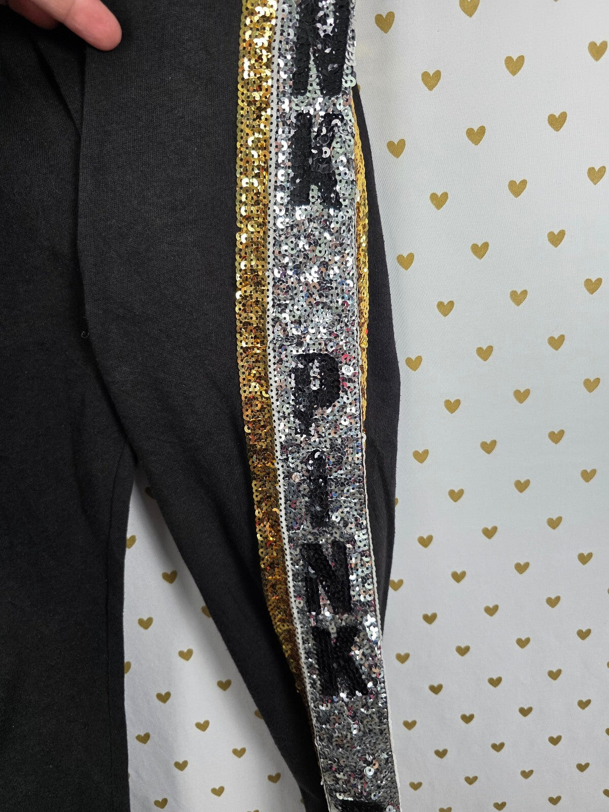 Victorias Secret PINK BLING Stripe Logo Sequined Sweats Sweatpants Black SMALL