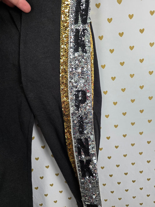 Victorias Secret PINK BLING Stripe Logo Sequined Sweats Sweatpants Black SMALL
