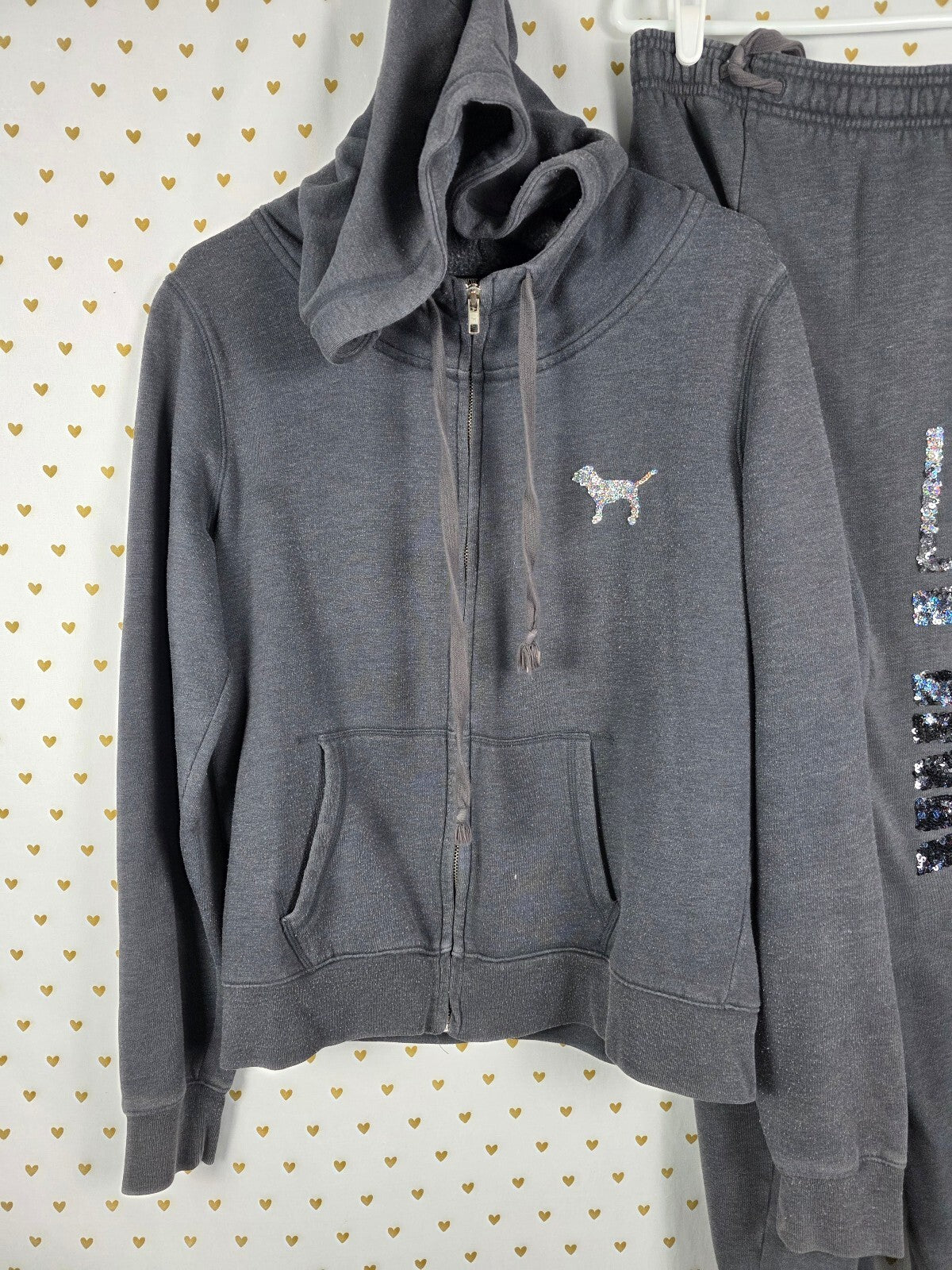Victoria’s Secret PINK LOVE PINK Sequin BLING Hoodie Jogger Set Gray L