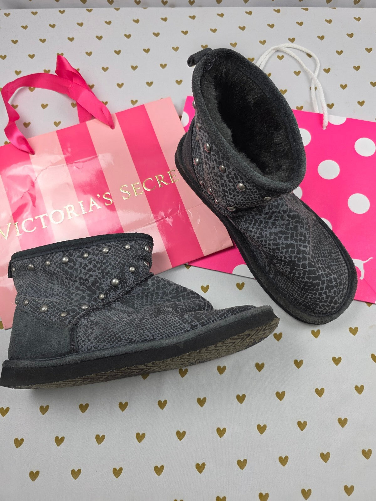 VS PINK Snakeskin Studded Faux Fur Mukluk Slipper Boots Black S 5 6 Rare