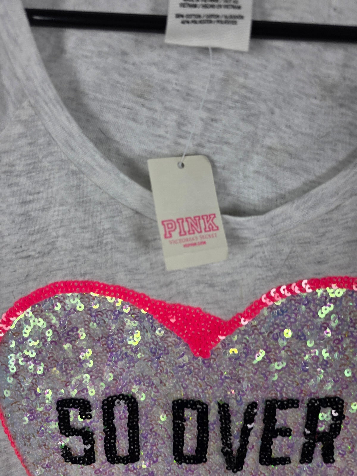 NWT Victoria's Secret PINK Sequin Heart So Over It Graphic Tee Shirt Gray XS